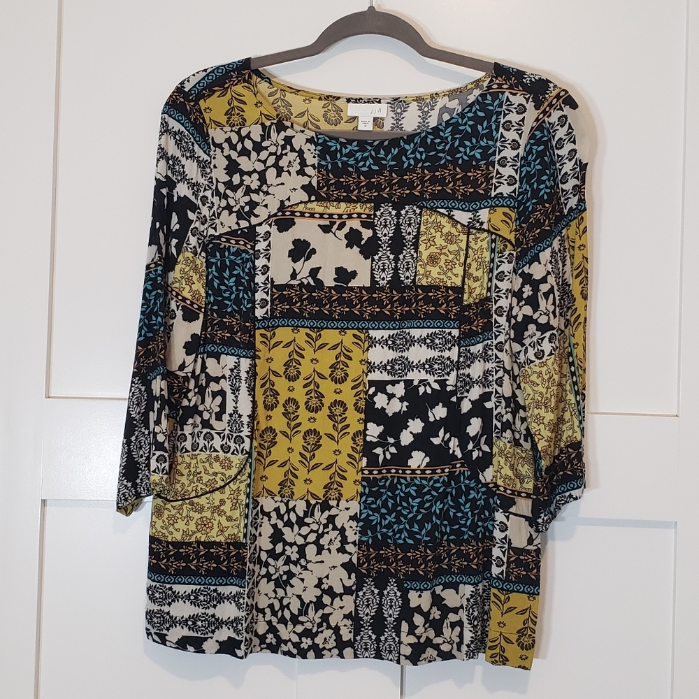 J.Jill Multi Patchwork Floral Top 3/4 Sleeves Size Medium Black Yellow Teal Gold